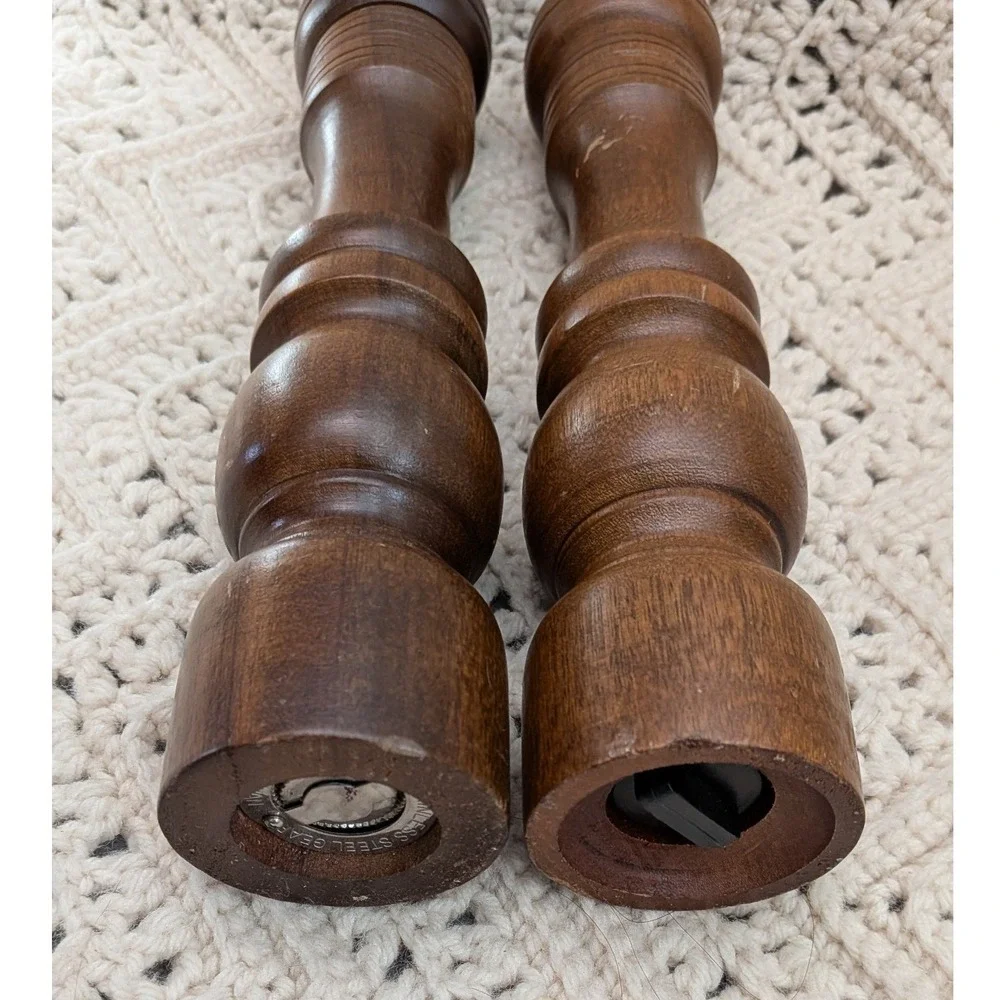 Vintage MCM Wooden Salt & Pepper Mill Set Dark Brown Tall Turned Wood 10.5 Inch